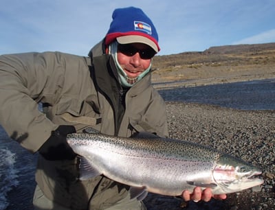 Joe Macomber and this large Rainbow found the Olive & Brown Pat's Rubber Leg Stonefly to be 