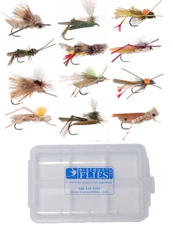 Hopper Collection: 12 Assorted Grasshopper Patterns + Fly Box