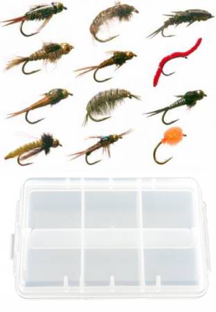 Nymph Fly Collection: 12 Trout Flies + Fly Box