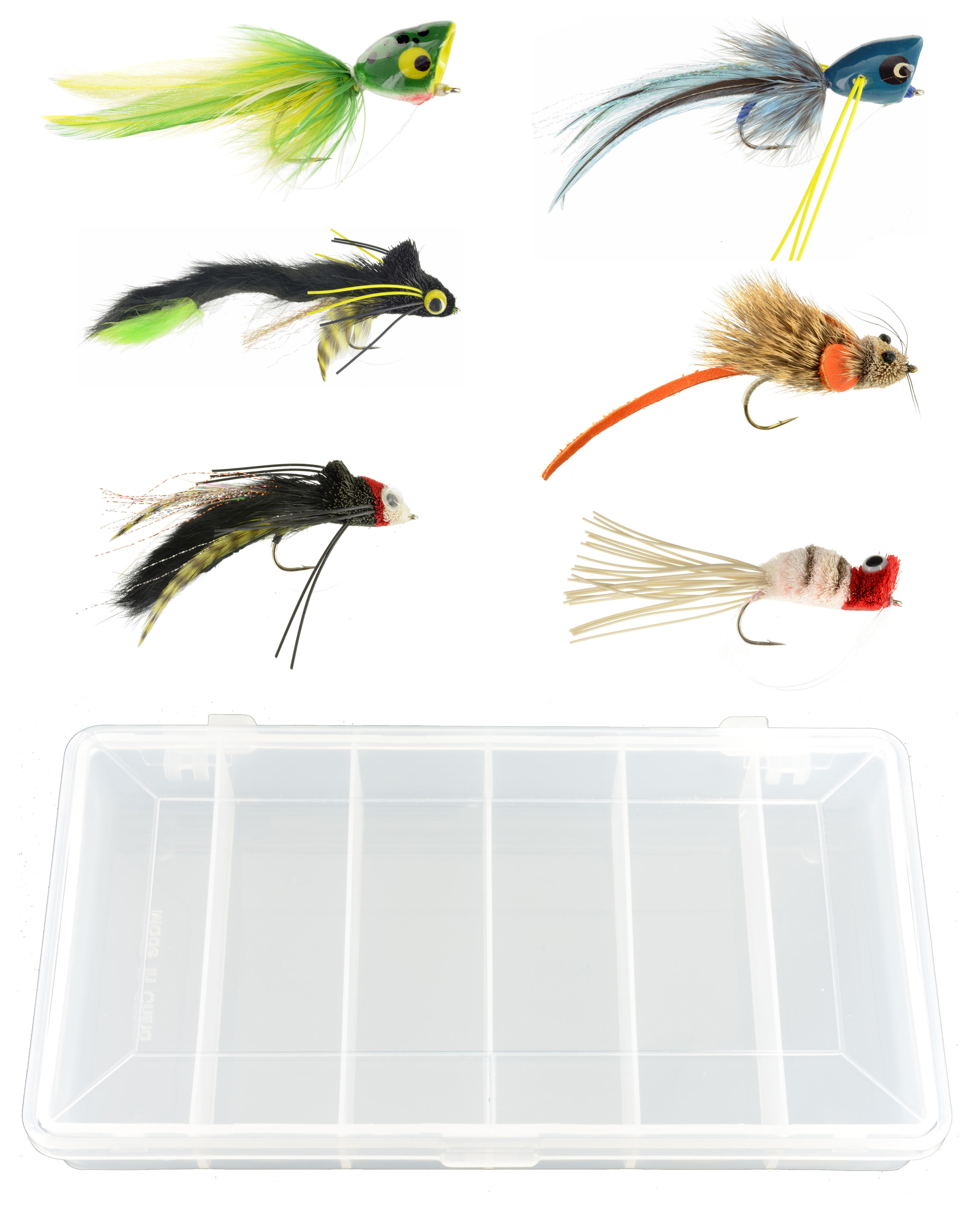 Top Water Bass & Pike Assortment - 6 Flies + Fly Box